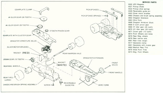 Exploded view of Aurora AFX Specialty HO Slot Car Chassis