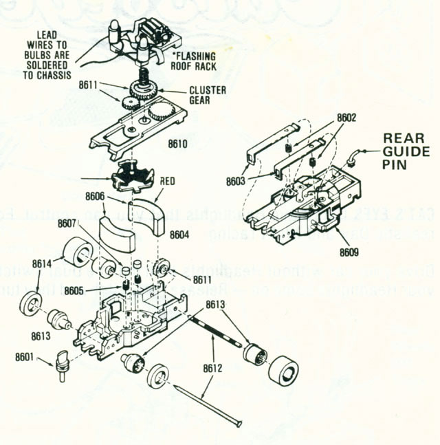 Exploded view of Aurora AFX Stop Police Slot Car Chassis