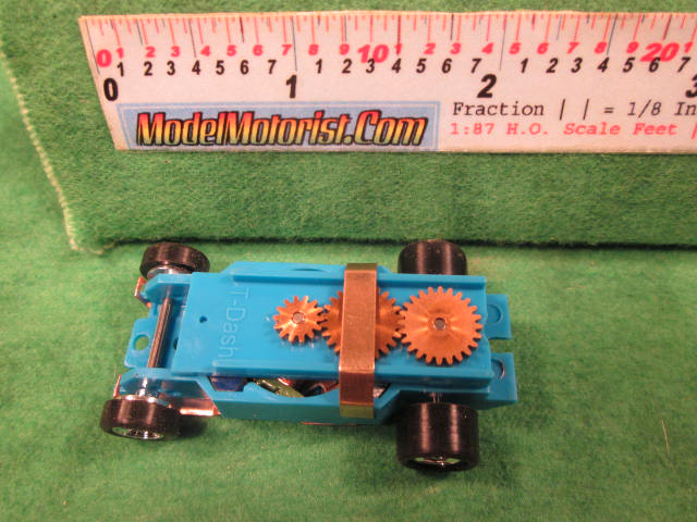 Top view of Dash T 2.0 Light Blue HO Slot Car Chassis