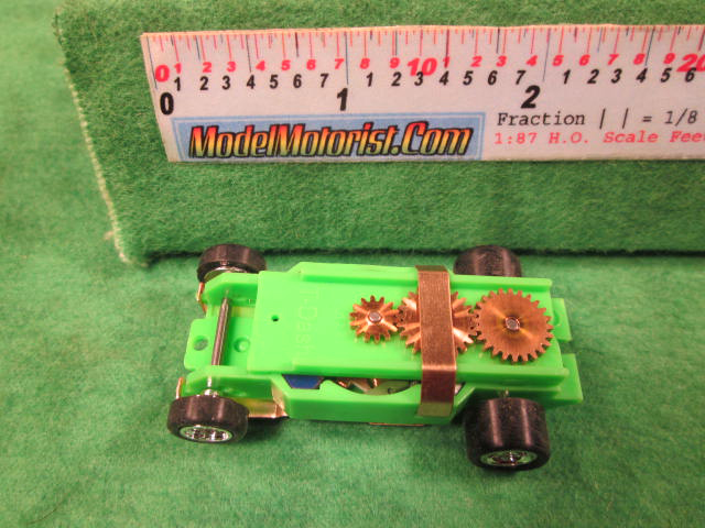 Top view of Dash T 2.0 Neon Green HO Slot Car Chassis
