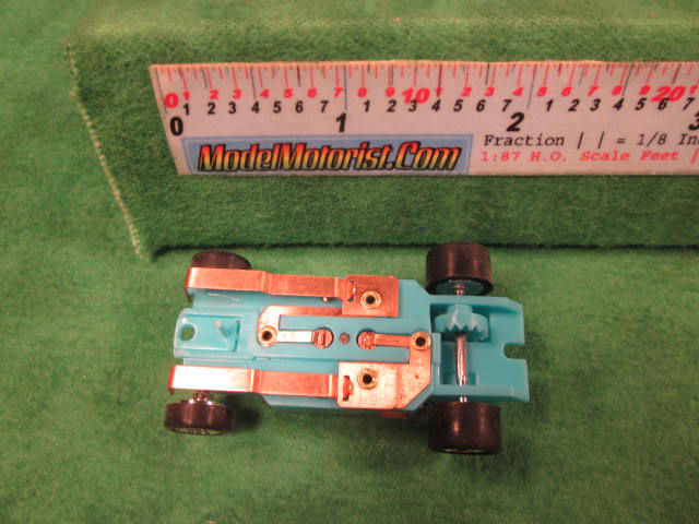 Bottom view of Dash T 2.0 Turquoise HO Slot Car Chassis