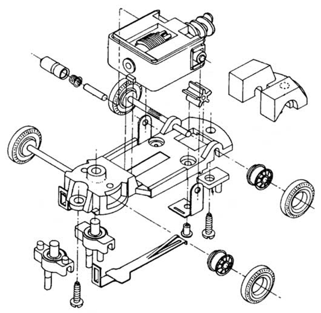 Exploded view of Tyco S Steering HO Slot Car Chassis