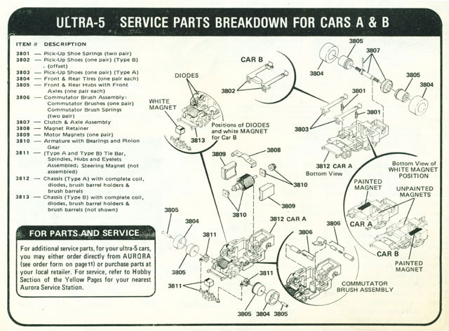 Exploded view of Aurora Ultra 5 A HO Slotless Car Chassis