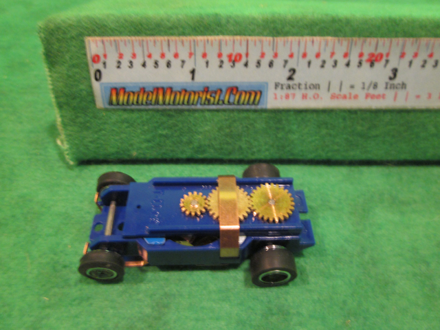 Top view of Dash IROC Blue HO Slot Car Chassis