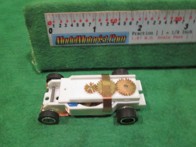Top view of Dash IROC White HO Slot Car Chassis