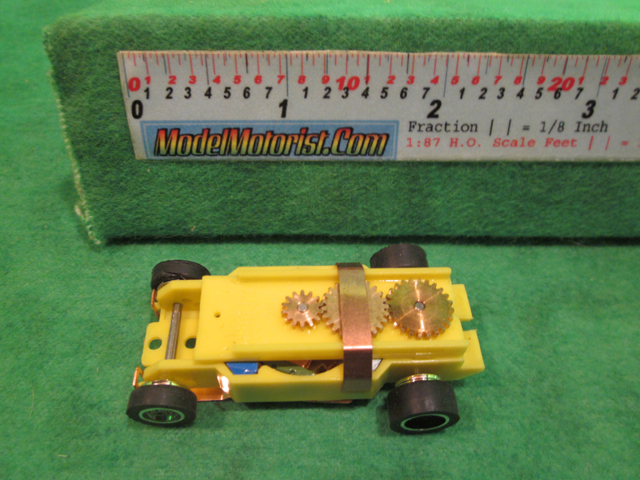 Top view of Dash T 2.0 IROC Yellow HO Slot Car Chassis