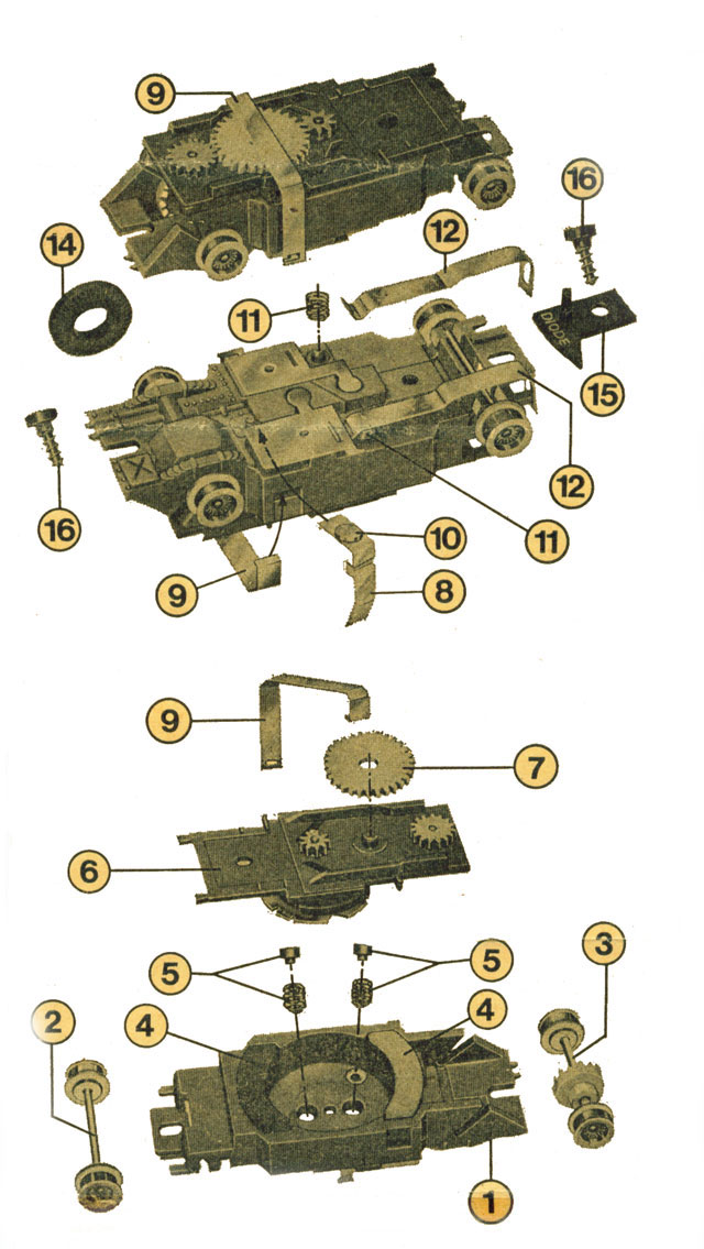 Exploded view of Faller HO Slot Car Chassis