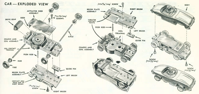 Exploded view of Aurora Model Motoring Vibrator Slot Car Chassis