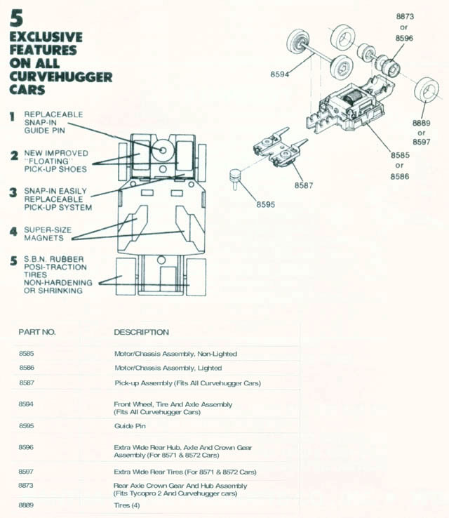 Exploded view of Tyco Curve Hugger Slot Car Chassis